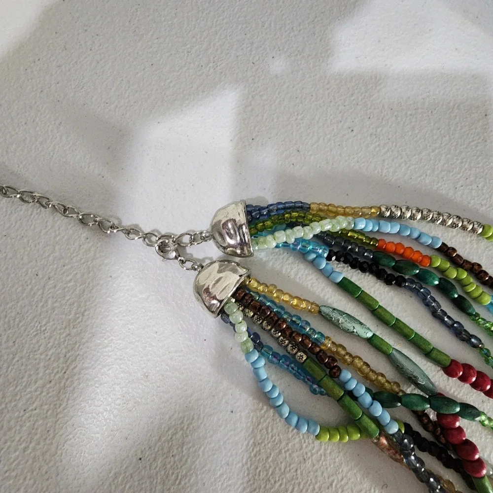 Boho Multi Strand Beaded Necklace Colorful Glass Wood Layered Bib Statement